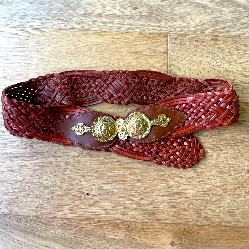 Woven Leather Braided Belt with Gold Medallion Accent - Brown